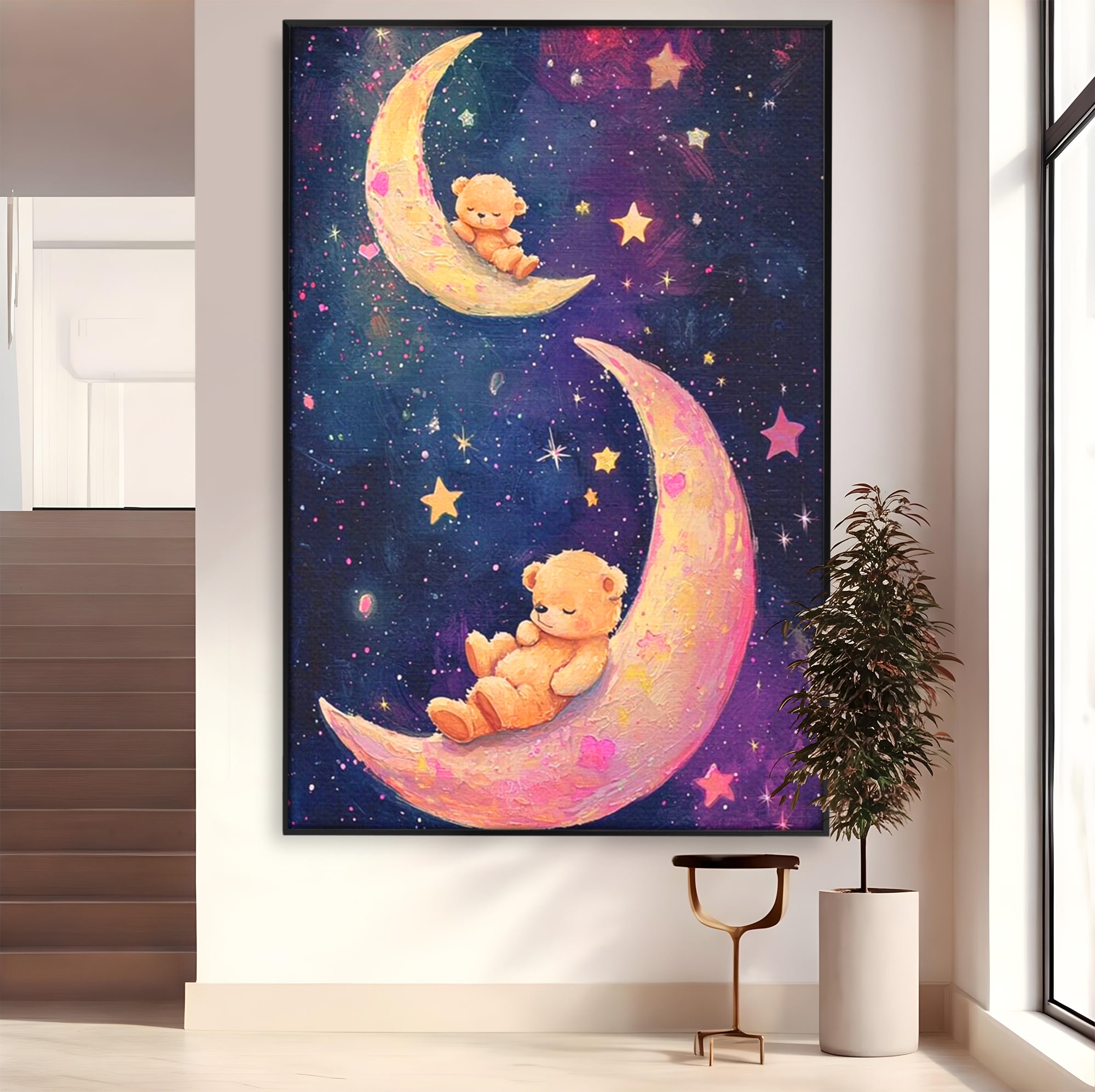 Tablou canvas cu doi ursuleti dorm pe semiluna, in rama de aluminiu negru